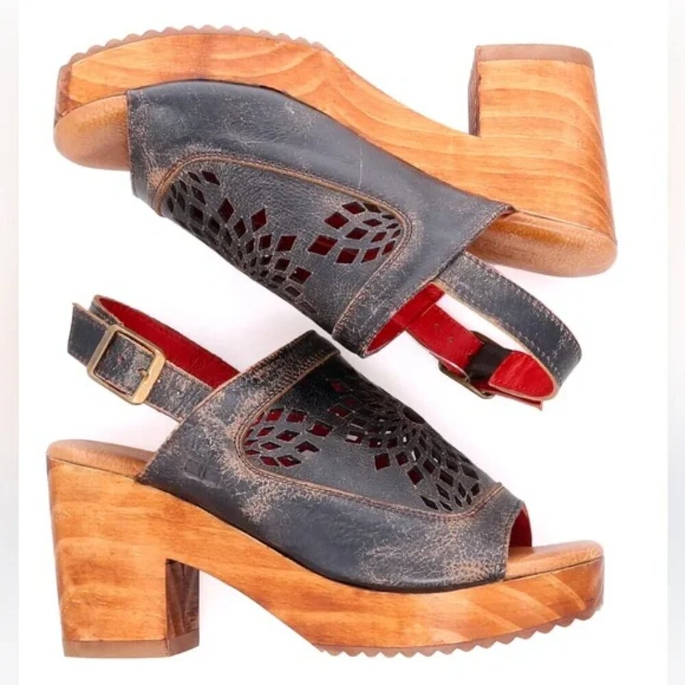 NWT Jinkie Heel Leather Black & Brown Rustic Chunky Platform Perforated Sandals - Picture 6 of 8